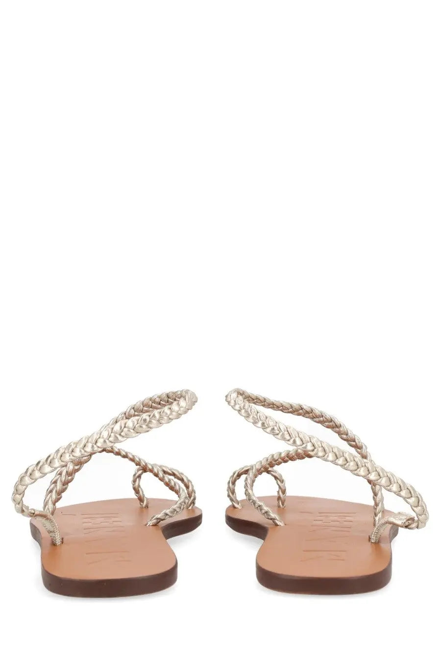 Manebi women’s sandalo canyon silver gold-toned braided leather sandals with flat tan sole