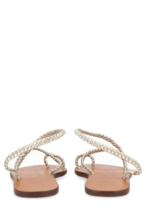 Manebi women’s sandalo canyon silver gold-toned braided leather sandals with flat tan sole