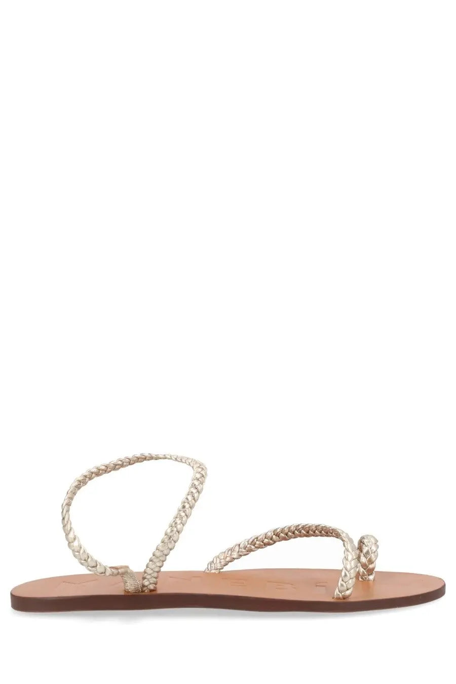 Manebi women’s sandalo canyon silver gold-toned braided leather thong sandal with flat brown sole