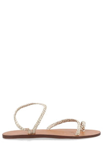 Manebi women’s sandalo canyon silver gold-toned braided leather thong sandal with flat brown sole