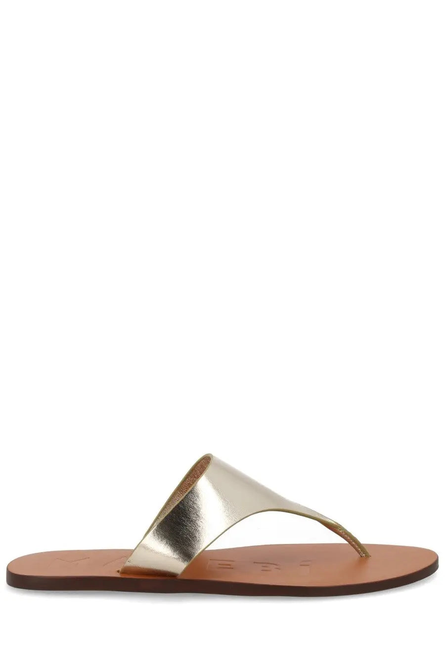 Manebi womens gold metallic thong sandal with flat tan leather sole in pelle silver finish