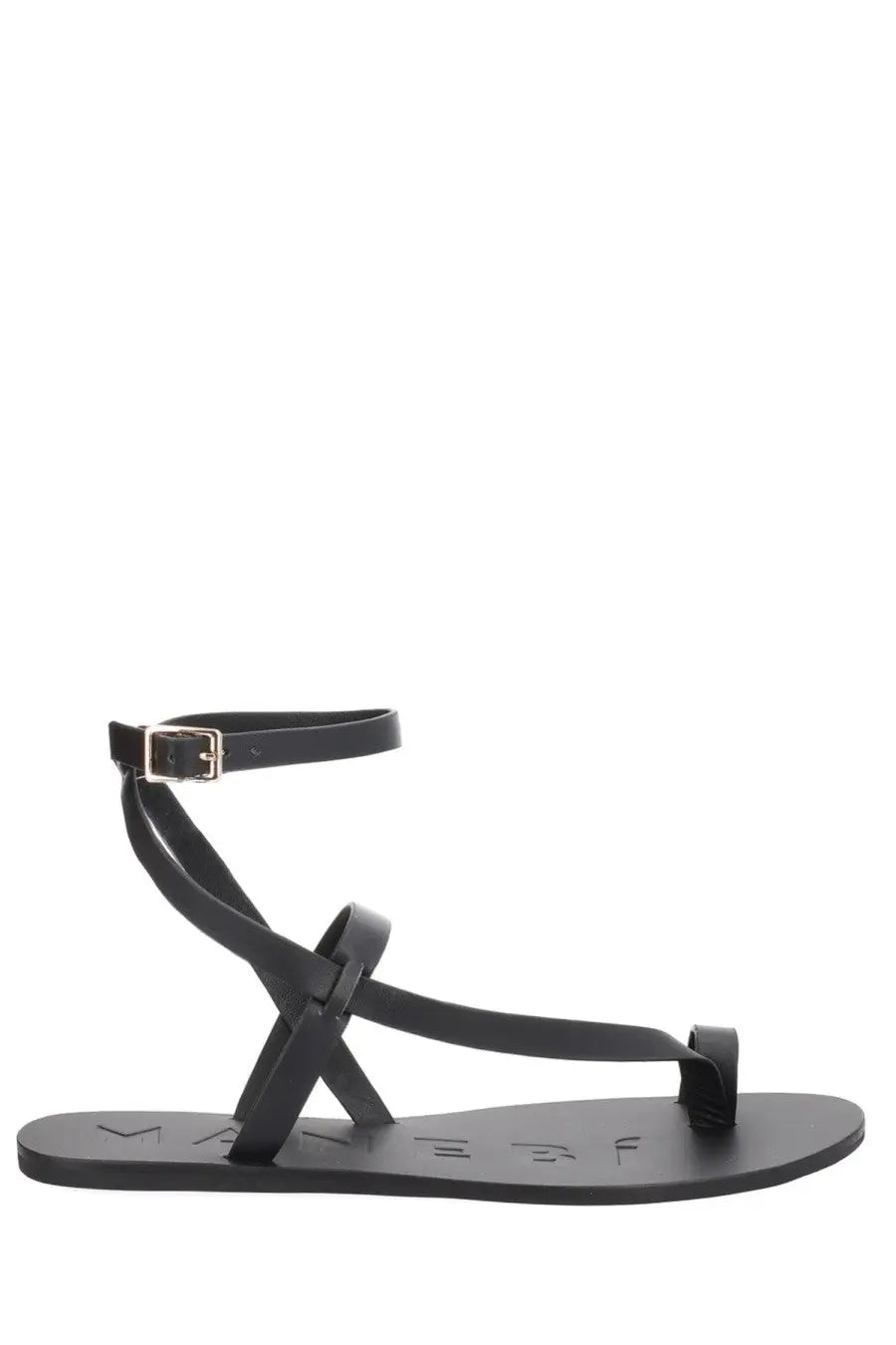 Black leather sandal with ankle strap and toe loop manebi women’s sandalo in pelle black minimalist design