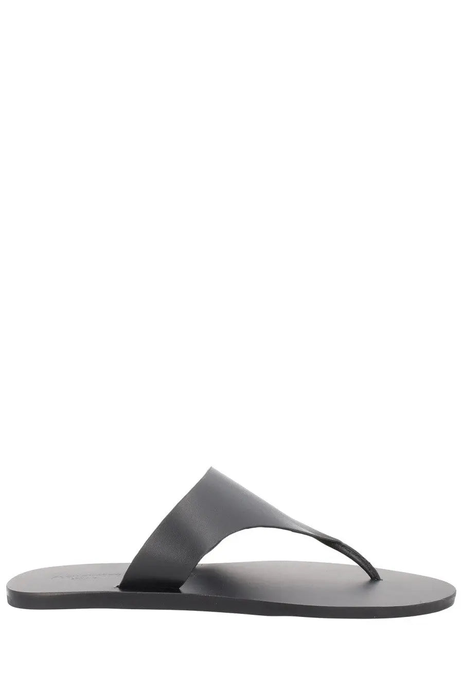 Manebi women’s sandalo black leather thong sandal with minimalist design and smooth matte finish front view