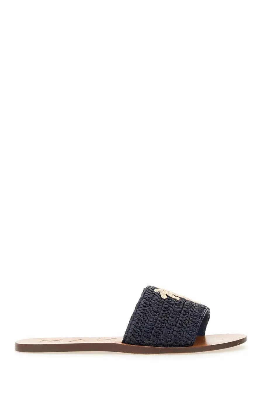 Manebi women’s navy blue woven slide sandal with gold-tone embroidered palm tree detail
