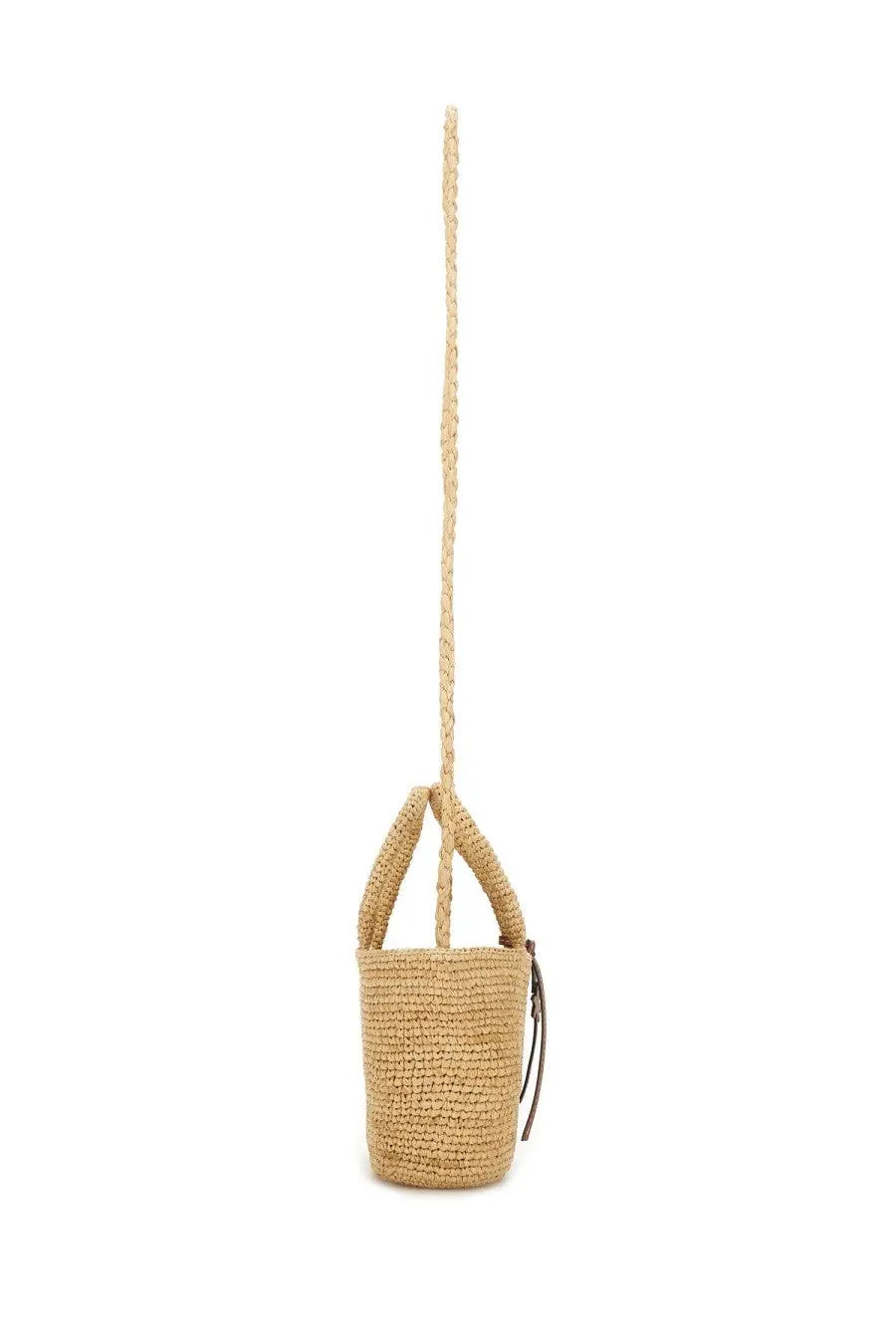 Manebi women’s sunset micro bag beige woven straw bucket bag with long braided handle and small black leather tag