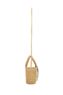 Manebi women’s sunset micro bag beige woven straw bucket bag with long braided handle and small black leather tag