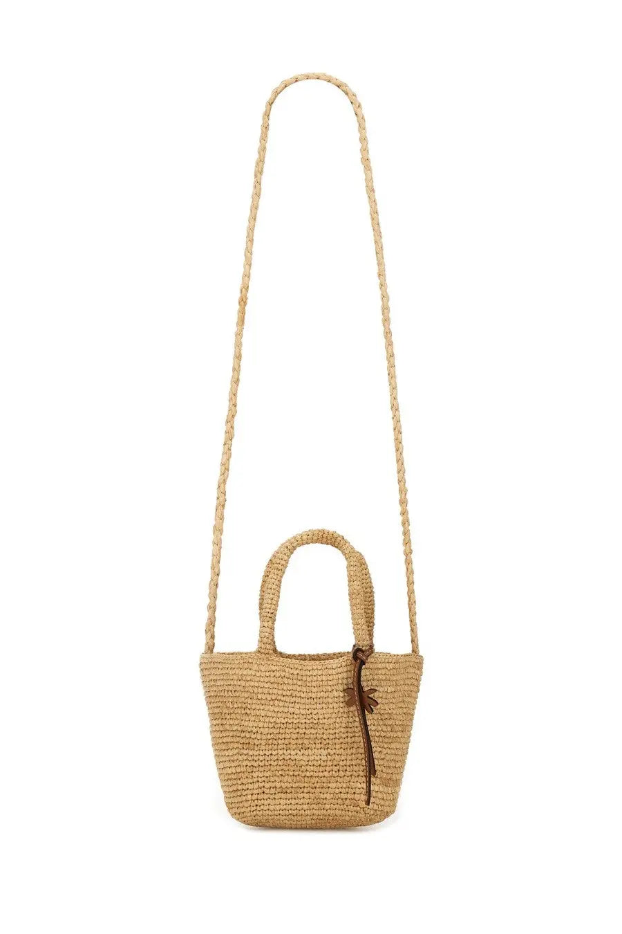 Manebi womens sunset micro beige woven straw tote bag with braided shoulder strap and brown leather accents