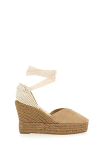 Beige suede Manebi women’s wedge espadrille sandal with woven jute heel and ankle strap