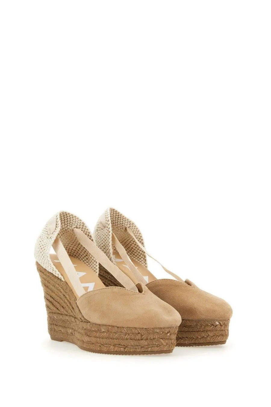 Manebi women’s beige wedge espadrilles with beige suede upper woven jute platform and mesh ankle straps