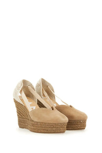 Manebi women’s beige wedge espadrilles with beige suede upper woven jute platform and mesh ankle straps