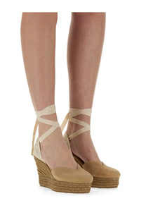 Manebi women’s wedge espadrilles in tan suede with cream woven straps for stylish summer wear