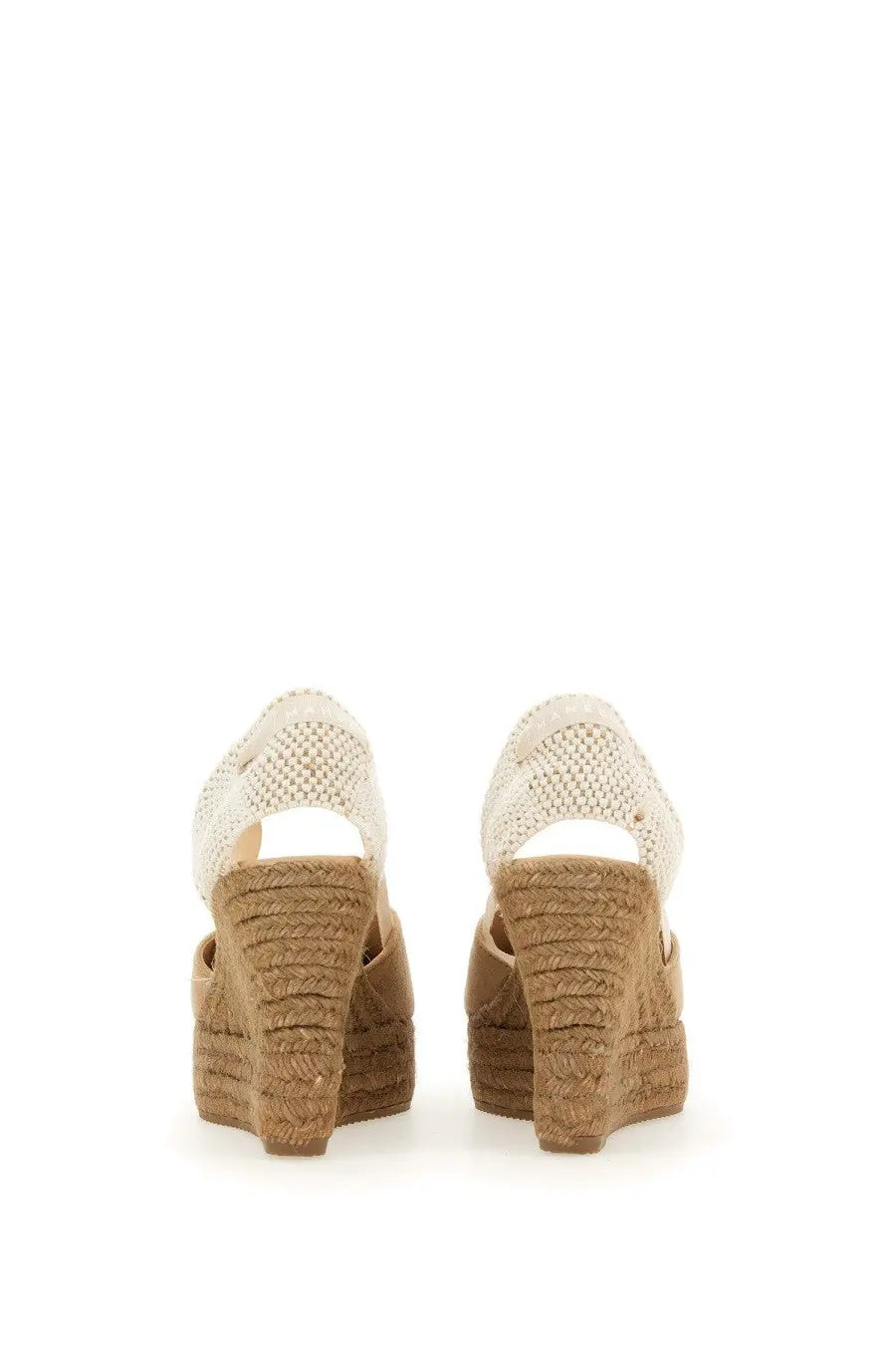 Manebi women’s beige woven espadrille wedge sandals with textured braided sole and open-toe design