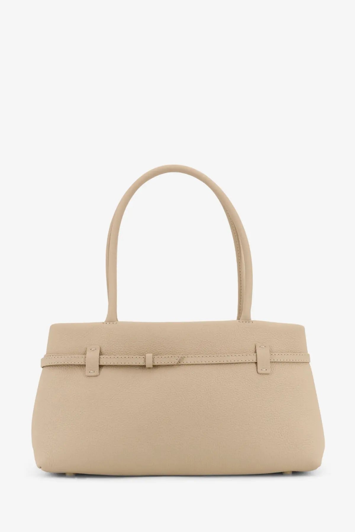 Beige leather manu atelier east west le cambon handbag with curved top handles and belt-style closure white