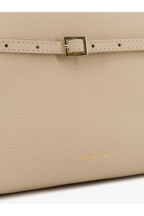 Beige textured leather clutch with gold-tone rectangular buckle and matching stitching from Manu Atelier womens shoulder bag collection