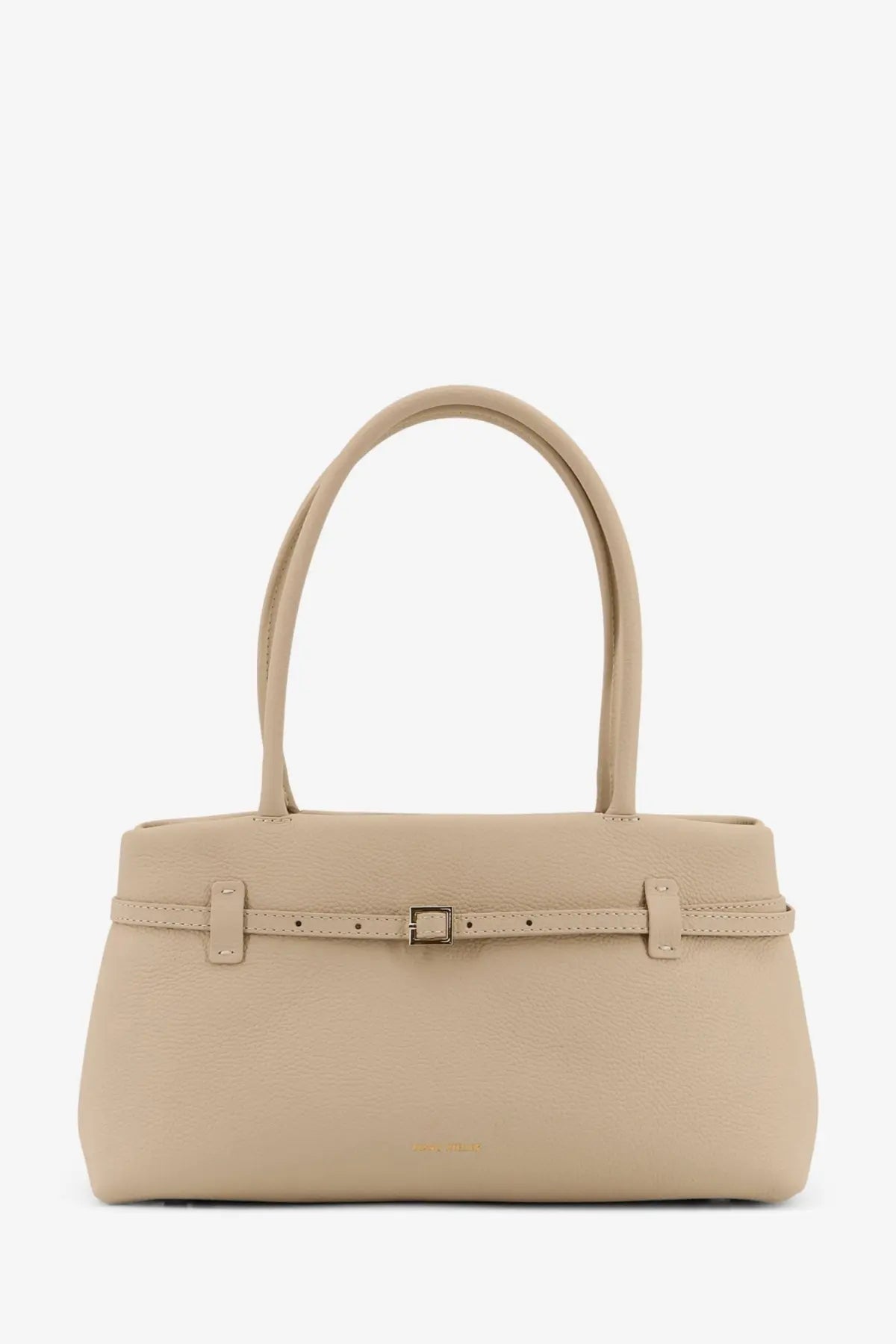 Beige leather shoulder bag by Manu Atelier with central buckle strap and curved top handles for women