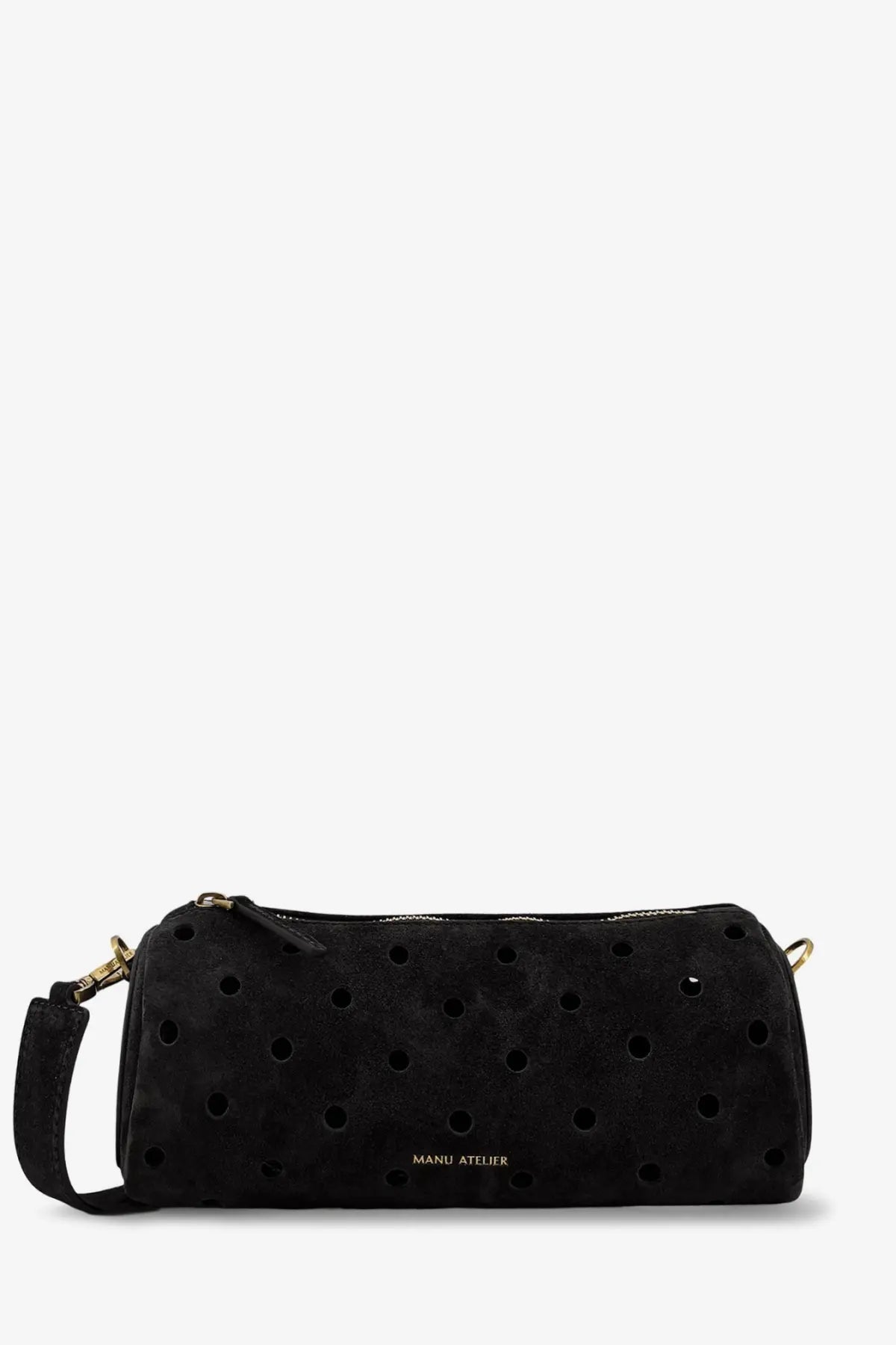 Manu Atelier women’s mini cylinder suede crossbody bag in black with gold-tone hardware and perforated dot pattern