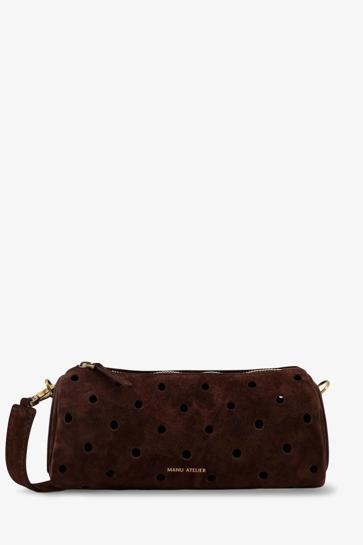 Manu Atelier women’s mini cylinder suede crossbody bag in brown with black circular perforations and gold-tone hardware