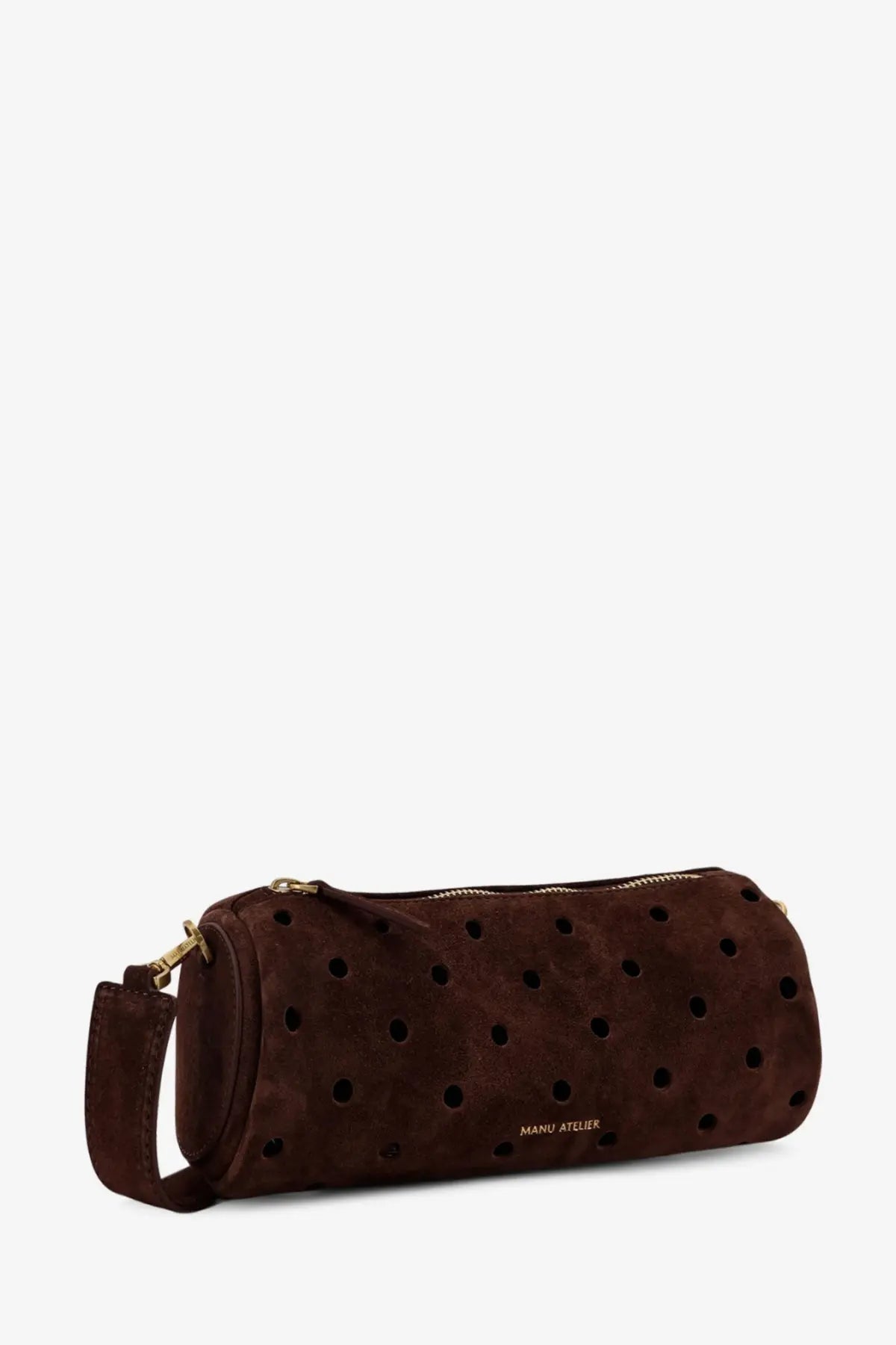 Manu Atelier women’s mini cylinder suede crossbody bag in brown with black perforated dots and gold-tone hardware