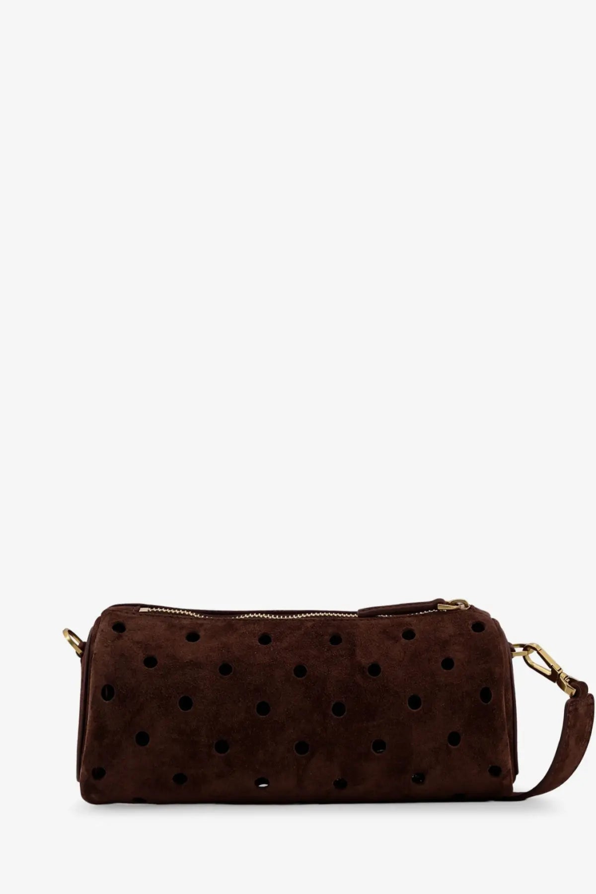 Manu Atelier women’s mini cylinder suede crossbody bag in brown with black circular perforations and gold-tone hardware