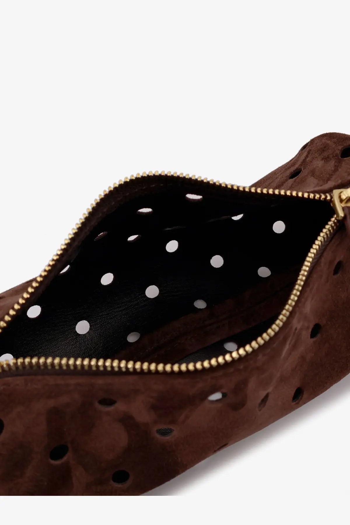 Manu atelier women’s mini cylinder suede crossbody bag brown with brown suede clutch and black interior with white polka dots