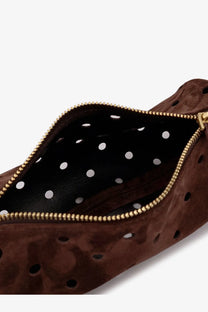 Manu atelier women’s mini cylinder suede crossbody bag brown with brown suede clutch and black interior with white polka dots