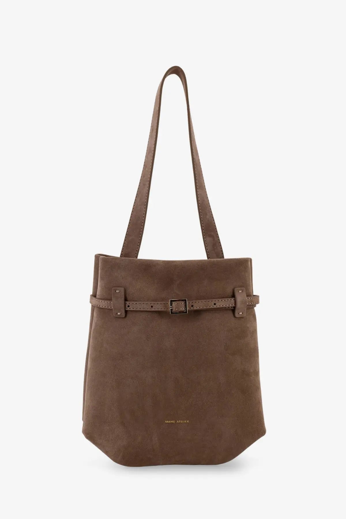 Manu Atelier women’s mini tote du jour suede shoulder bag in brown with matching belt strap and buckle detail
