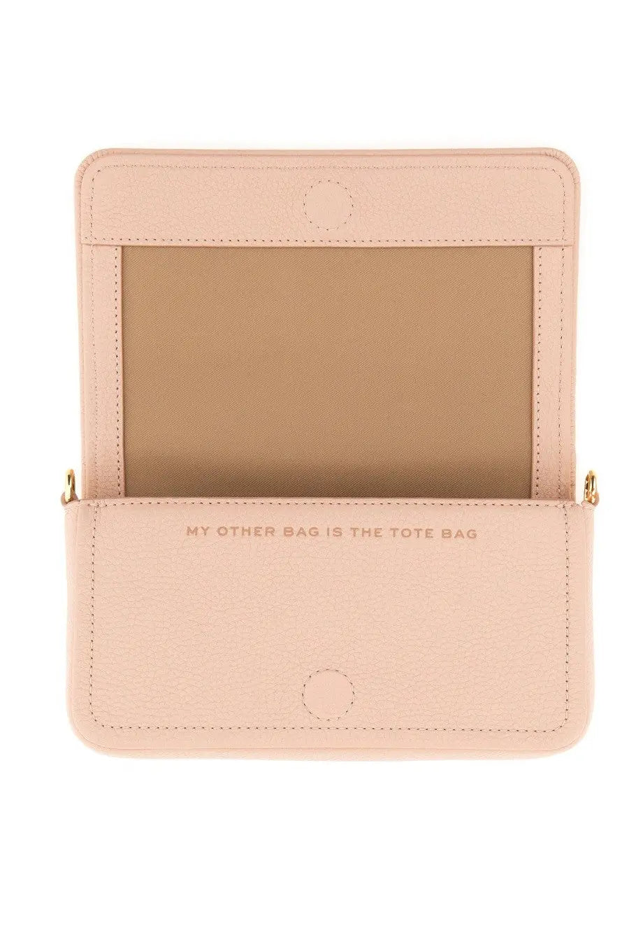 Marc Jacobs women’s blush pink leather crossbody bag with gold-tone hardware and embossed phrase on front