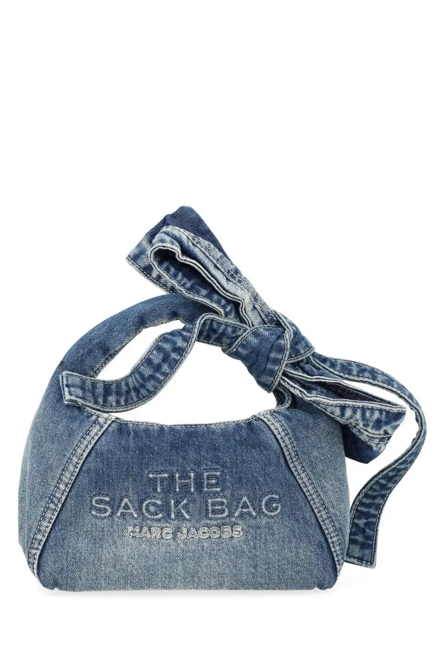Marc Jacobs women’s borsa the mini sack denim blue shoulder bag with denim material tied bow strap and silver embroidery