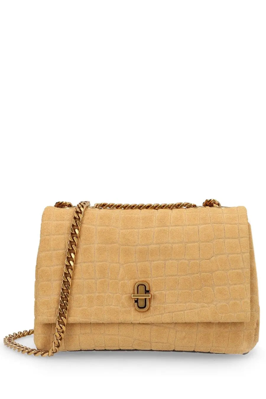 Marc Jacobs women’s borsa slim dual beige crossbody bag in beige crocodile-embossed suede with gold chain strap and clasp
