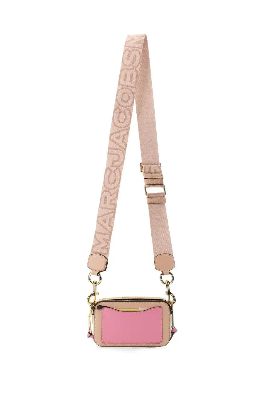 Pink and beige marc jacobs camera bag with embossed logo and long strap from the snapshot blue collection