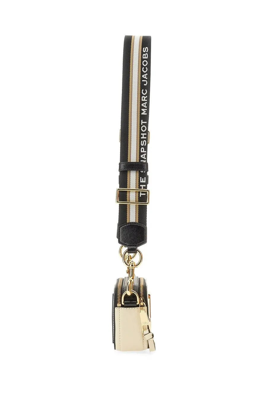Marc Jacobs women’s borsa the snapshot white camera bag in cream and black leather with gold hardware and striped strap