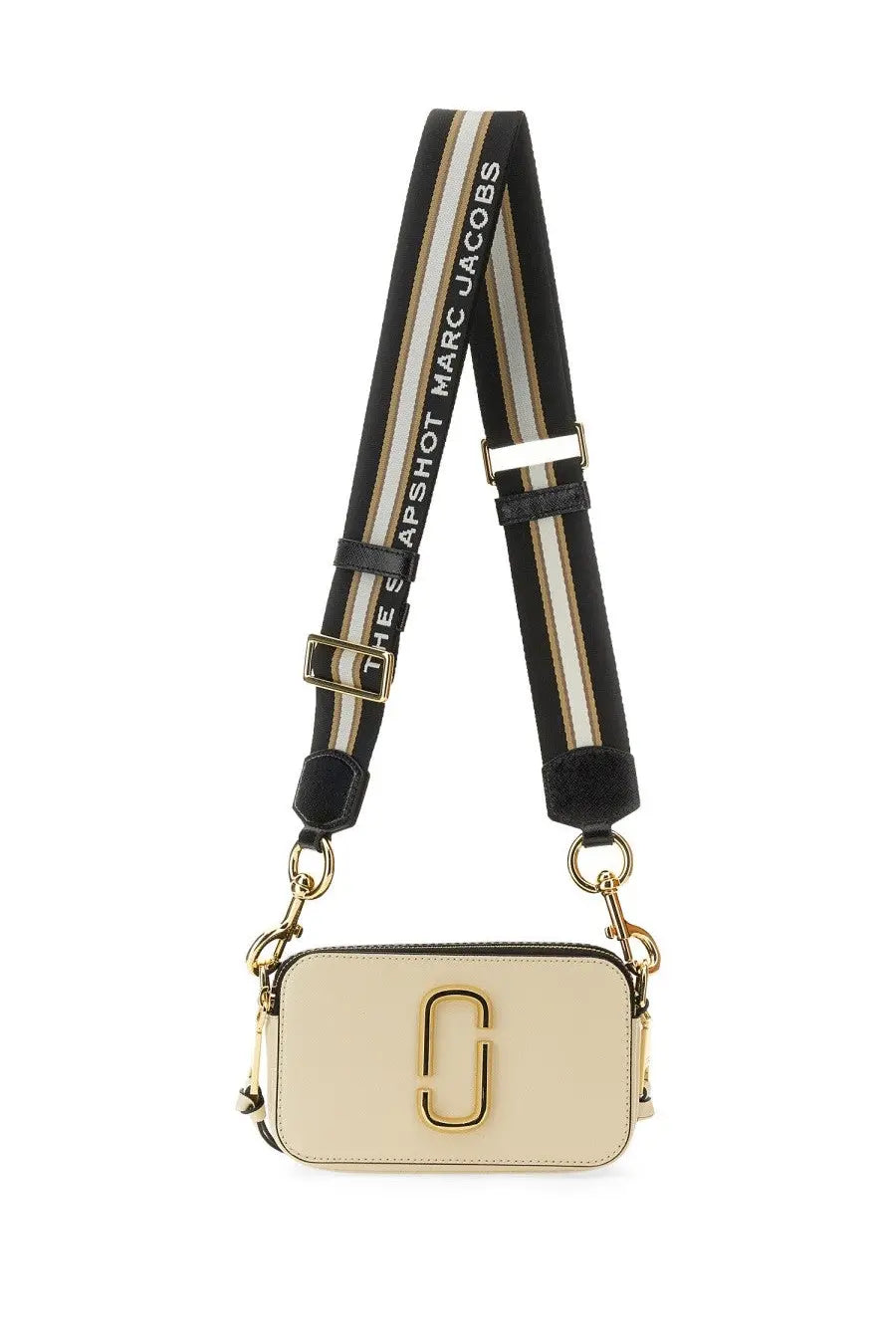 Marc Jacobs women’s borsa the snapshot white cream camera bag with gold logo and striped black beige white strap