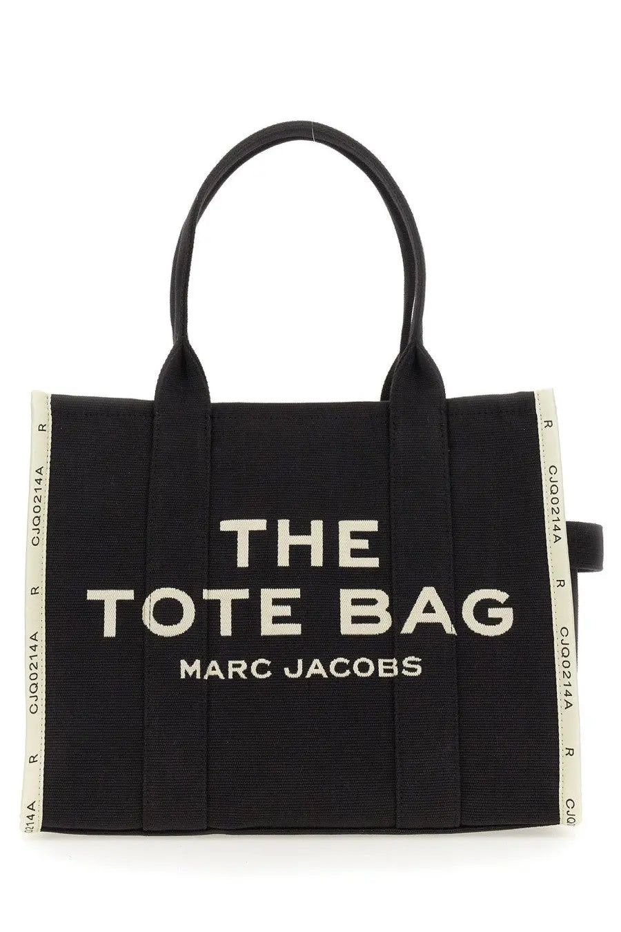 Marc Jacobs women’s black canvas tote bag with bold white embroidery and cream-colored side stripes