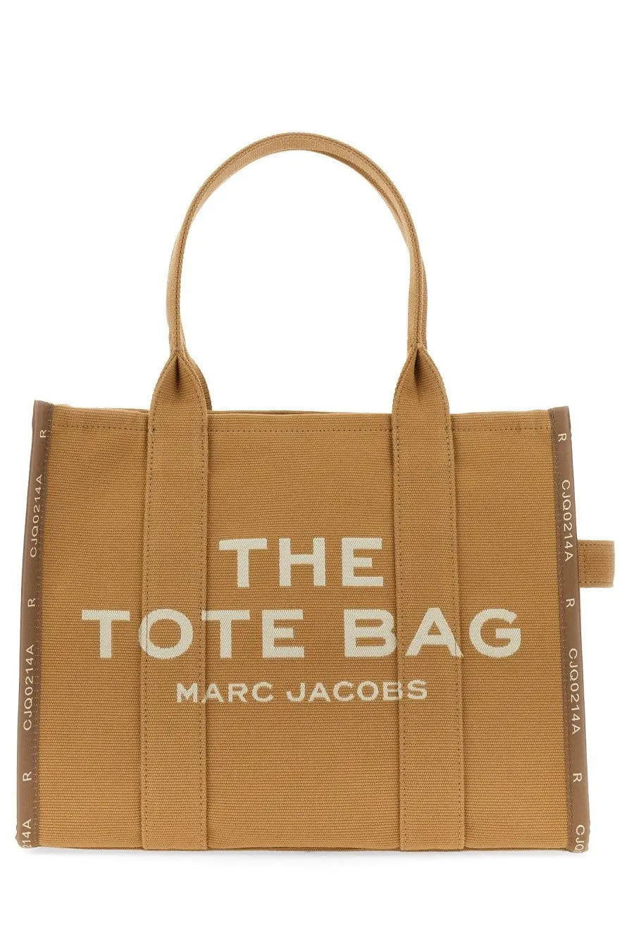Tan canvas marc jacobs tote bag with white embroidered text reinforced handles and jacquard side panels