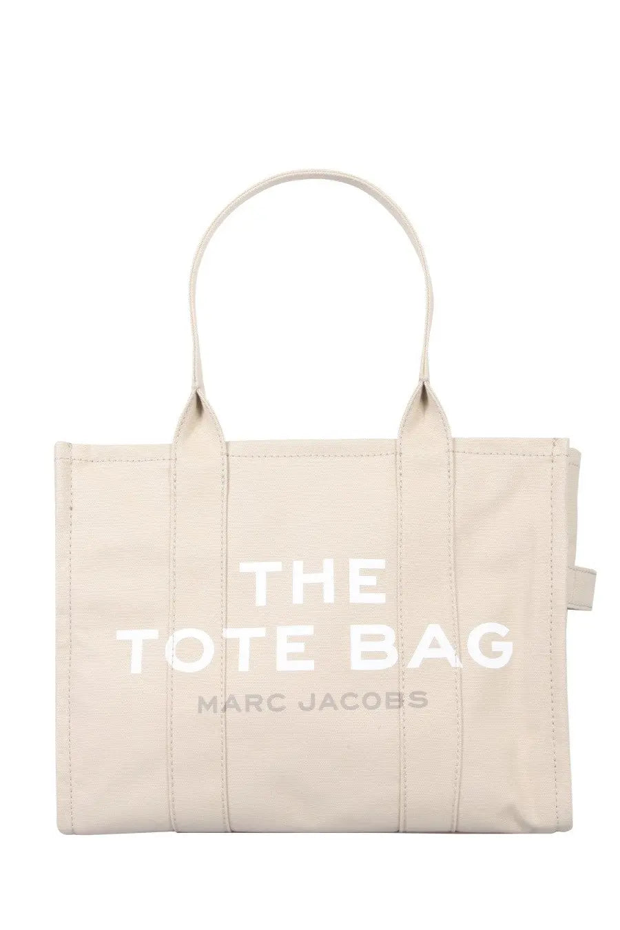 Marc Jacobs women’s borsa the tote large beige canvas bag with white handles and transparent label patch with black text