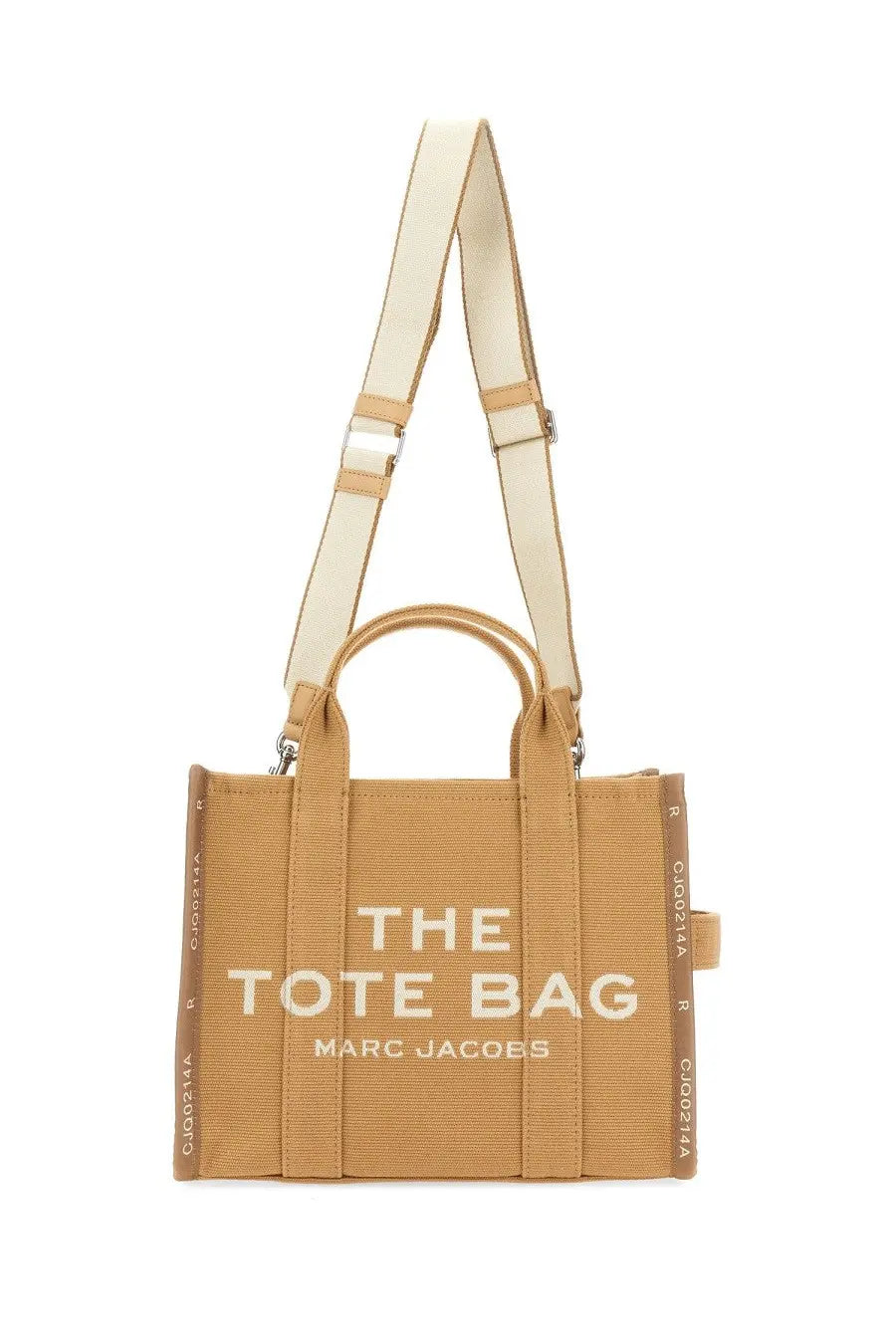 Marc Jacobs women’s borsa the tote medium beige tan canvas tote bag with white lettering and matching shoulder strap