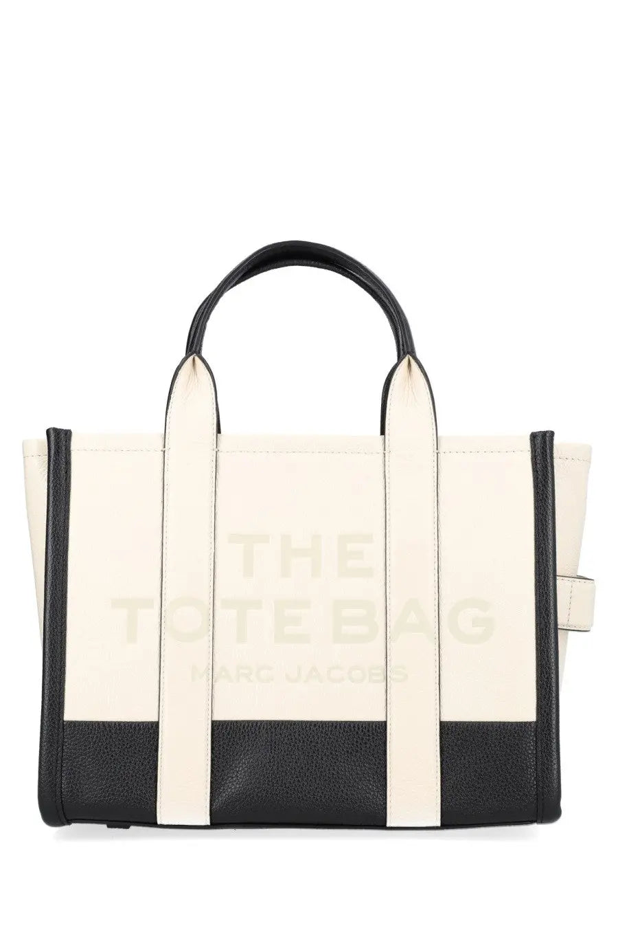 Cream and black leather Marc Jacobs women’s borsa tote medium featuring embossed the tote bag marc jacobs logo