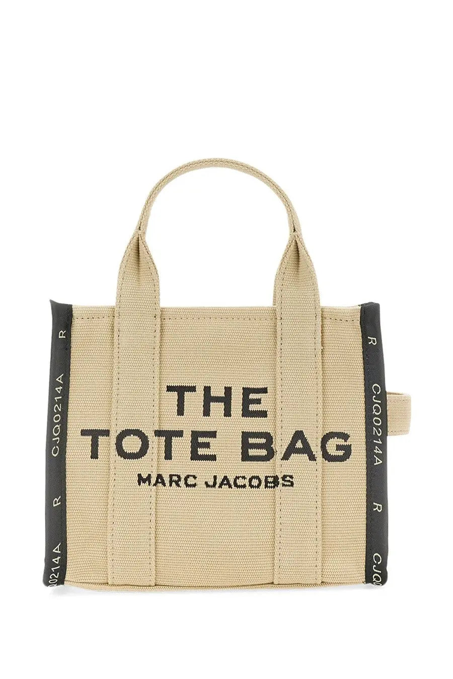 Marc Jacobs women’s borsa the tote small beige canvas tote bag with black embroidered text and ribbed side panels