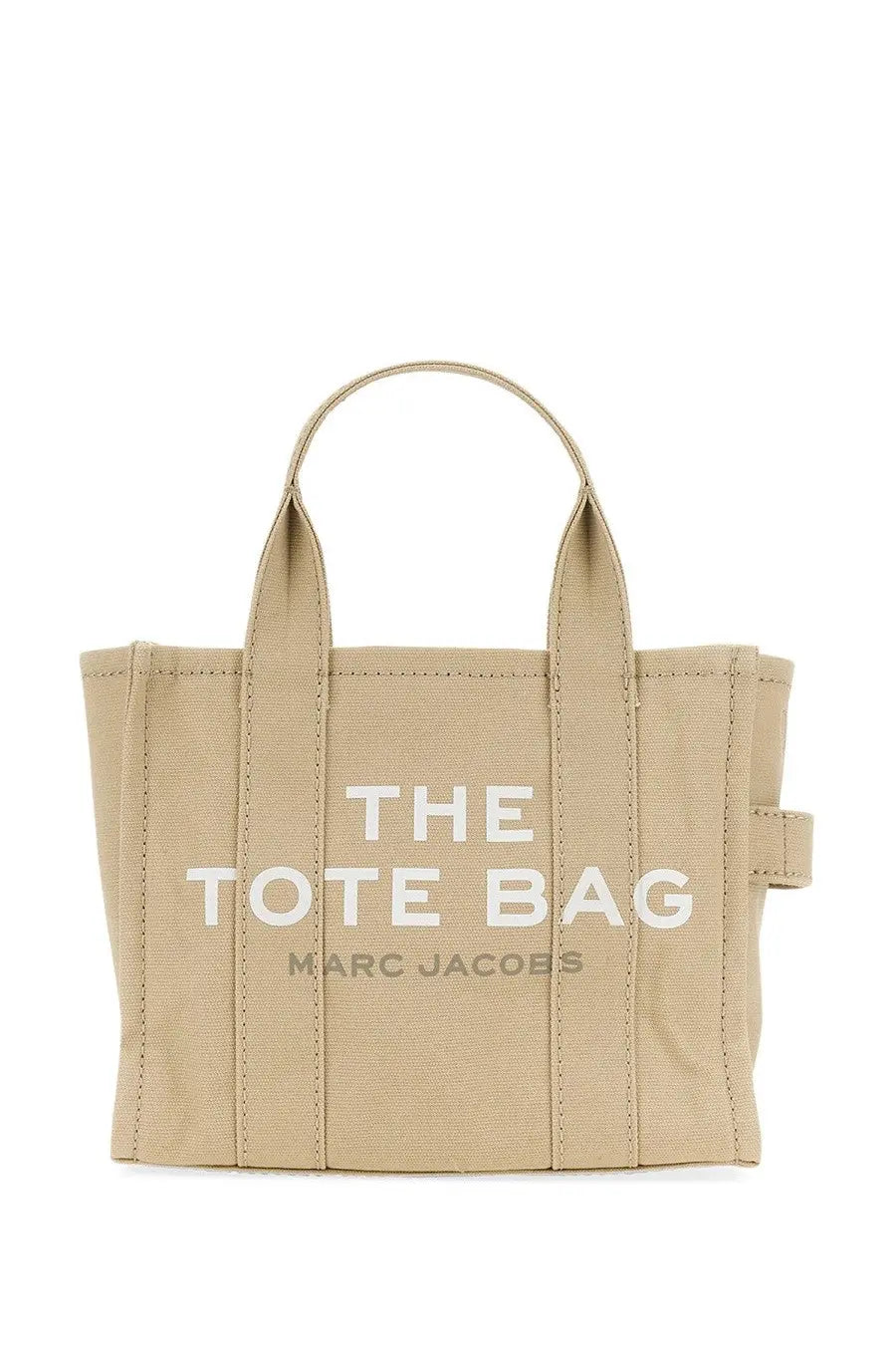 Beige canvas marc jacobs women’s borsa the tote small tote bag with white lettering and gray brand text below