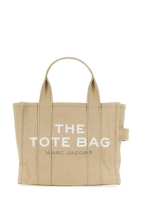 Beige canvas marc jacobs women’s borsa the tote small tote bag with white lettering and gray brand text below