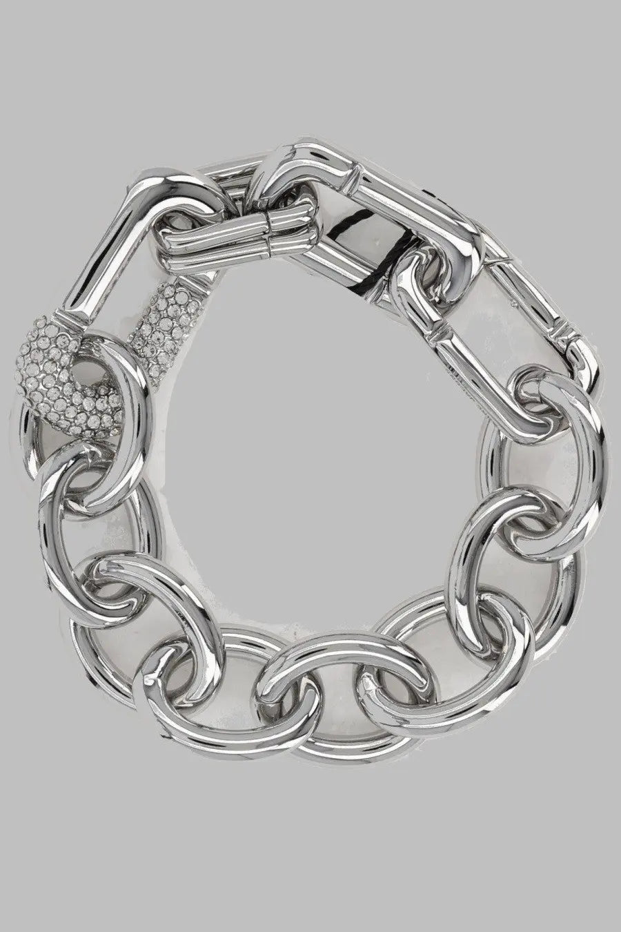 Silver-toned marc jacobs women’s chain bracelet with bold interlocking links and diamond-encrusted pavé clasp