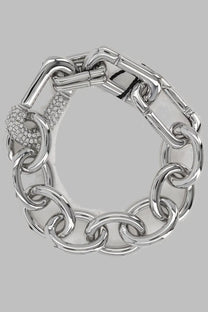 Silver-toned marc jacobs women’s chain bracelet with bold interlocking links and diamond-encrusted pavé clasp