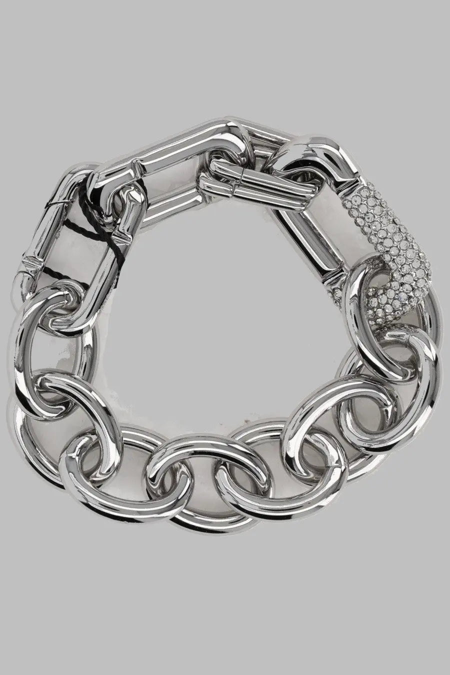 Marc Jacobs women’s silver chain-link bracelet with bold interlocking design and pavé stone detail segment