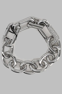 Marc Jacobs women’s silver chain-link bracelet with bold interlocking design and pavé stone detail segment