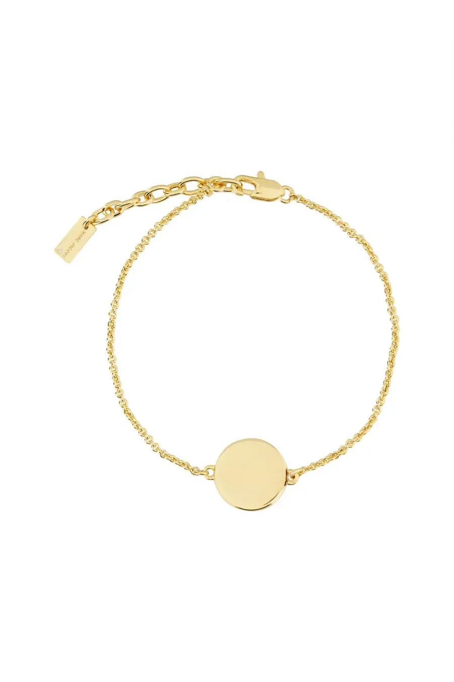 Gold-toned circular disc charm bracelet with delicate chain and lobster clasp featuring marc jacobs button design