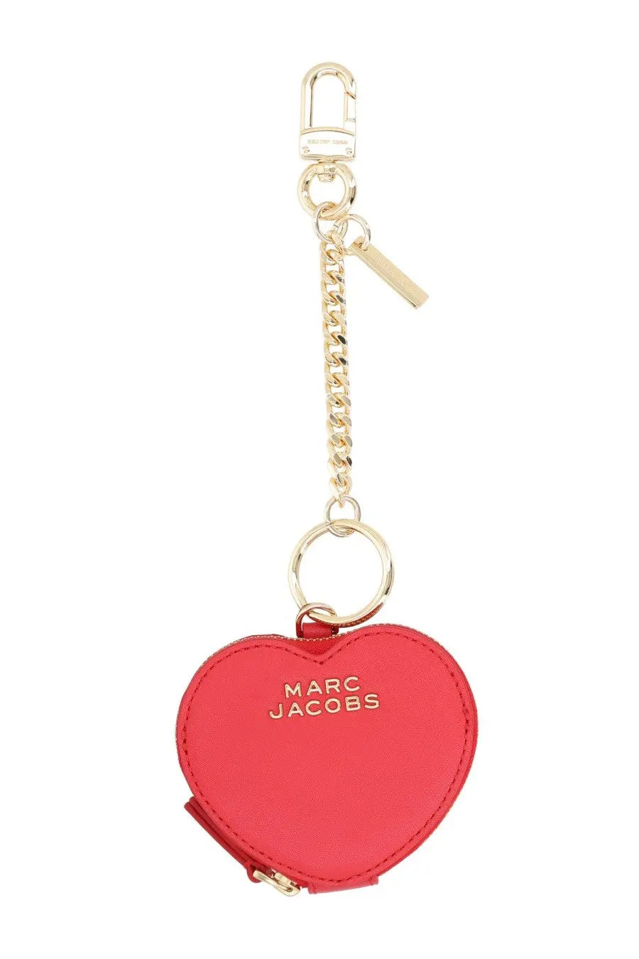 Red heart-shaped keychain with gold-tone metal hardware and marc jacobs branding for womens charm heart pouch bag