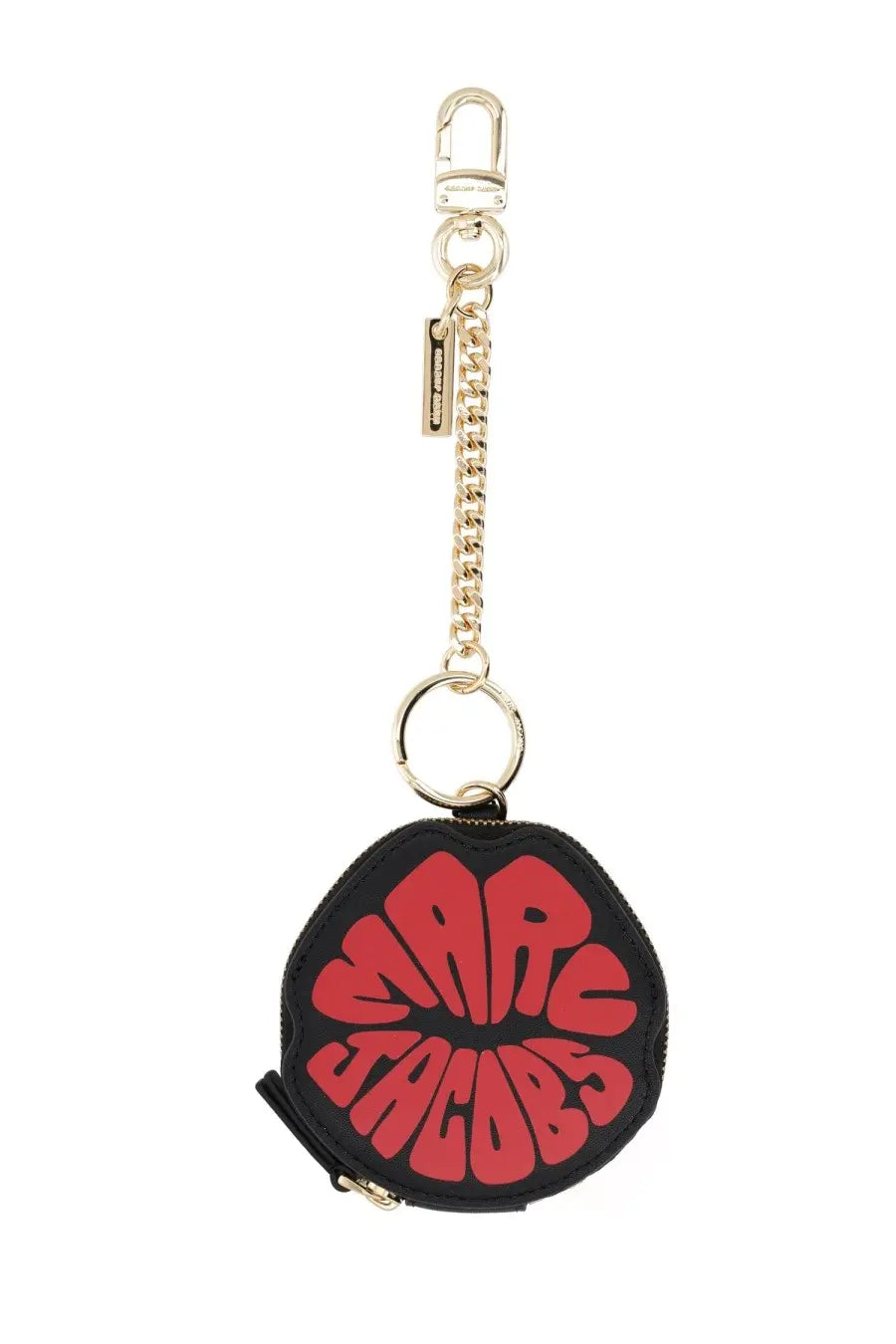 Black circular keychain with bold red marc jacobs logo and gold tone metal hardware for marc lips pouch bag