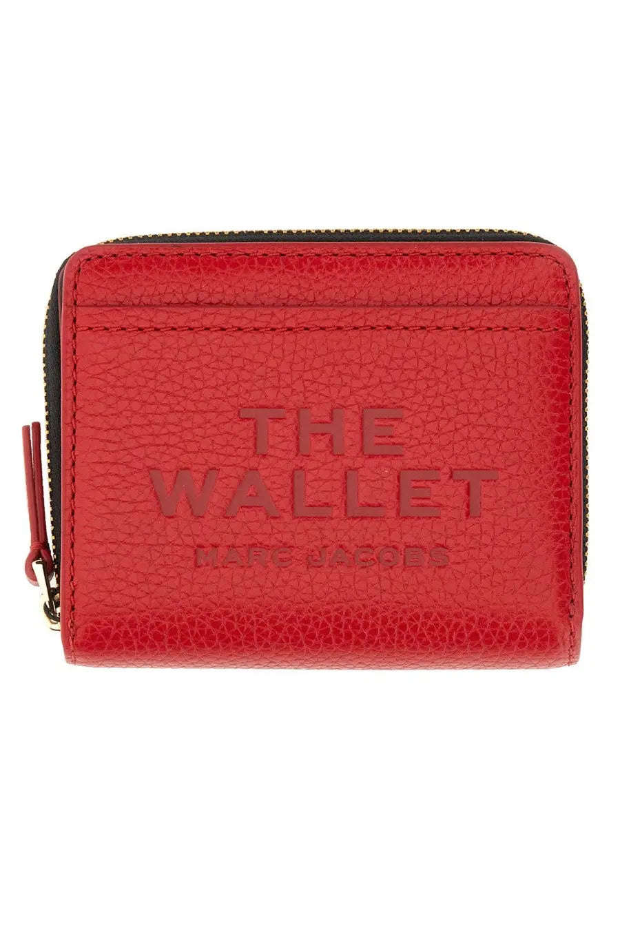 Red textured leather compact mini wallet embossed with the wallet and marc jacobs branding