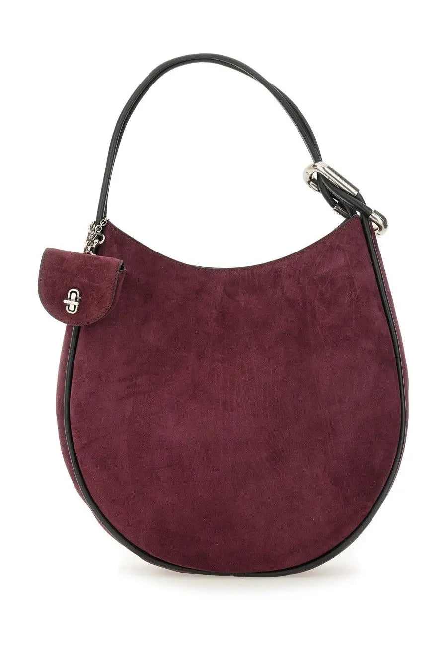 Marc Jacobs women’s the dual hobo large bag brown in burgundy suede with black leather trim and silver logo clasp