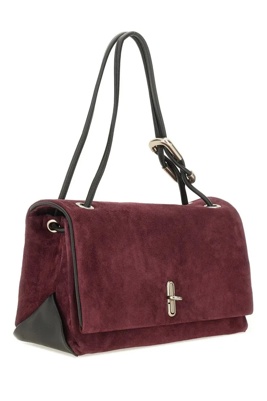 Marc Jacobs women’s the dual large bag brown burgundy suede handbag with black leather accents and silver buckle closure